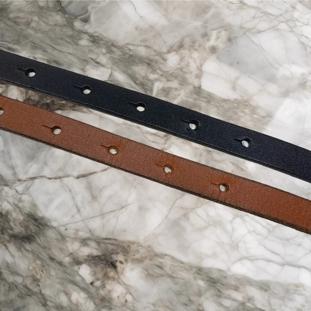 Lot 2 x Vintage Leather Skinny Belts Brown/Gold & Black/Silver Minimalist Sz L